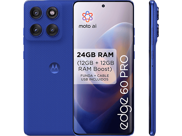 Móvil - motorola edge 60 pro, Dazzling Blue, 512 GB, 12 GB RAM, 6.67" pOLED, MediaTek Dimensity 8350 Extreme, 6000 mAh