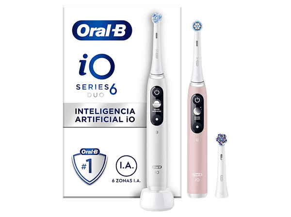Cepillo eléctrico - Oral-B iO 6S, Pack doble, 5 modos, Pantalla interactiva, Sensor de presión, Blanco y rosa