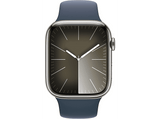 Apple Watch Series 9 (2023), GPS+CELL, 45 mm, Gesto de doble toque, Caja de acero inoxidable plata, Correa deportiva azul tempestad, Talla S/M