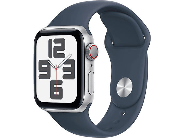 APPLE Watch SE (2023), GPS+CELL, 40 mm, Caja de aluminio plata, Vidrio delantero Ion-X, Talla S/M, Correa deportiva azul tempestad