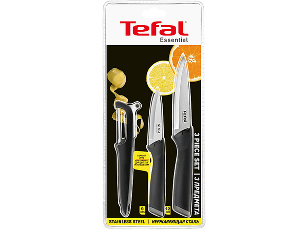 Set de cuchillos - Tefal K2213S Essential, 3 piezas, Cuchillo pelador, Cuchillo multiusos, Pelador, Acero inoxidable, Mango ergonómico, Negro