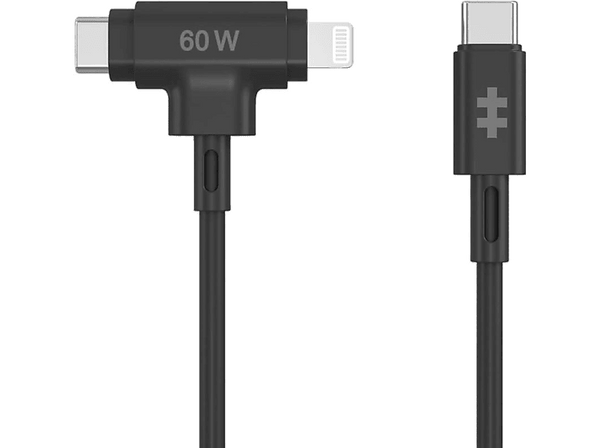 Cable adaptador - Hyper Juice, USB-C a USB-C+Lightning, Universal, Silicona, 60W, Negro