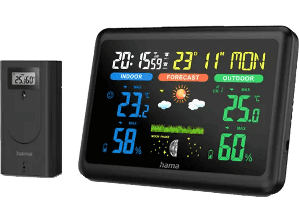 Estación meteorológica - Hama 00185861, Pantalla LCD a color, Predicción tiempo, Temperatura, Humedad, Negro