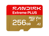 Tarjeta Micro SD - SANDISK Extreme PLUS, 256 GB, Hasta 250 MB/s de lectura, 5K y 4K UHD, V30, A2, U3, UHD-I, Adaptador SD, Oro
