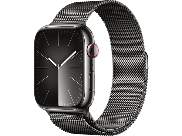 Apple Watch Series 9 (2023), GPS+CELL, 45 mm, Gesto de doble toque, Caja de acero inoxidable grafito, Correa Milanese Loop grafito