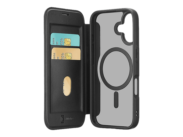 Funda móvil - Cellularline DAILY MAG, Para iPhone 17, Imitación piel y Cierre magnético, Compatible con Magsafe®, Con tapa tarjetero, Negro
