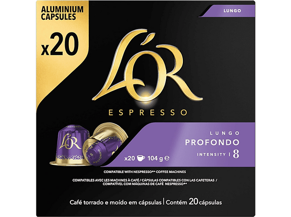 Cápsulas monodosis - L'Or Lungo Profondo, Intenso - Especiado, 20 cápsulas, Intensidad 8, Compatible con Nespresso