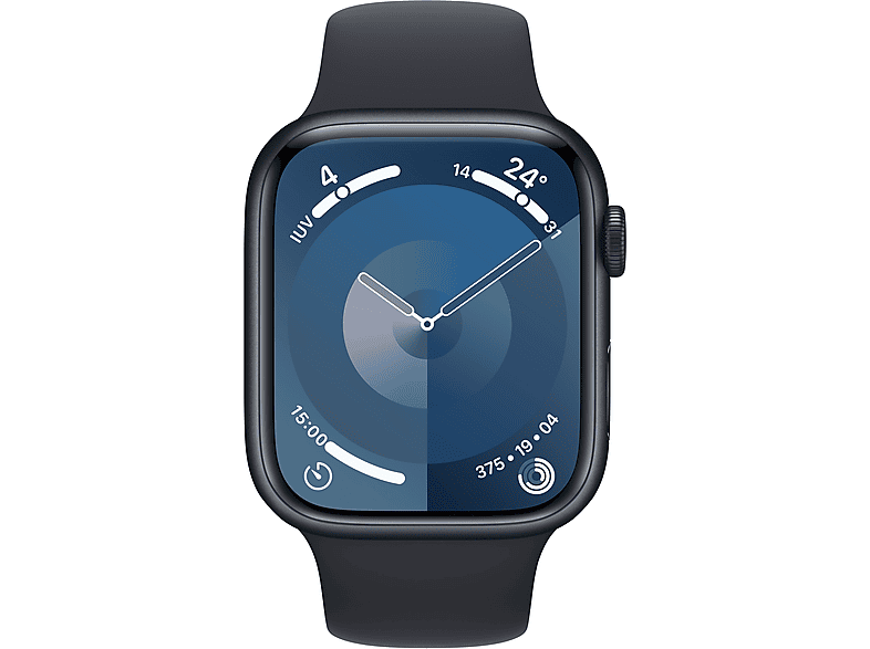 Apple Watch Series 9 (2023), GPS, 45 mm, Gesto de doble toque, Caja de aluminio medianoche, Correa deportiva medianoche, Talla M/L