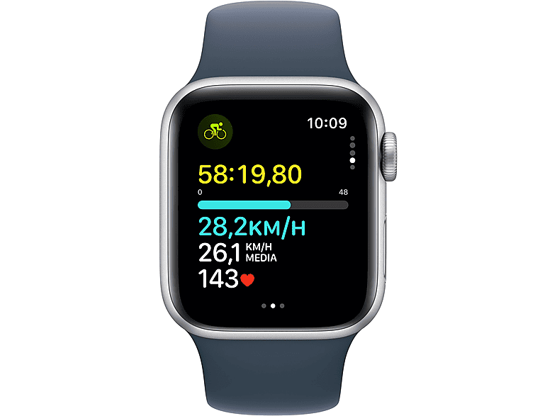 APPLE Watch SE (2023), GPS+CELL, 40 mm, Caja de aluminio plata, Vidrio delantero Ion-X, Talla S/M, Correa deportiva azul tempestad