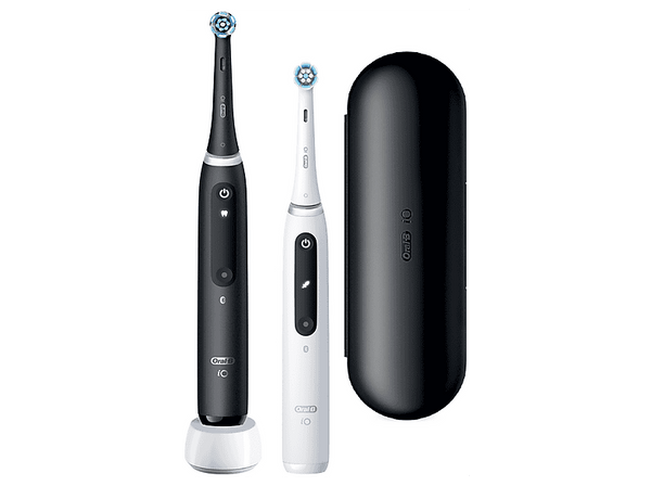 Cepillo eléctrico - Oral-B iO 5S, Pack Doble, 2 Cabezales, Con App, Con estuche de viaje, Blanco y Negro,