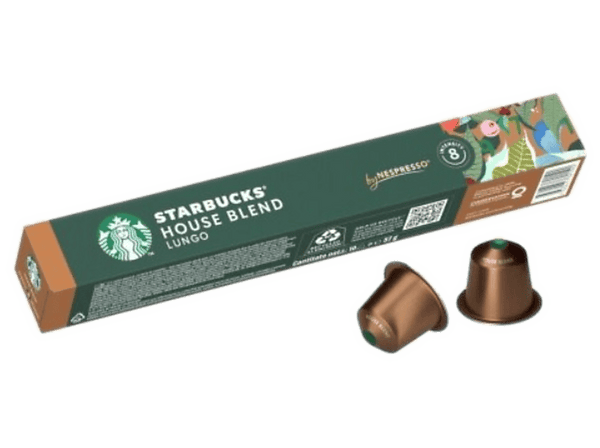 Cápsulas monodosis - Starbucks House Blend Lungo, Tueste natural, Intensidad 8, 10 piezas, Redondo Notas de Toffee, Compatible con Máquinas Nespresso