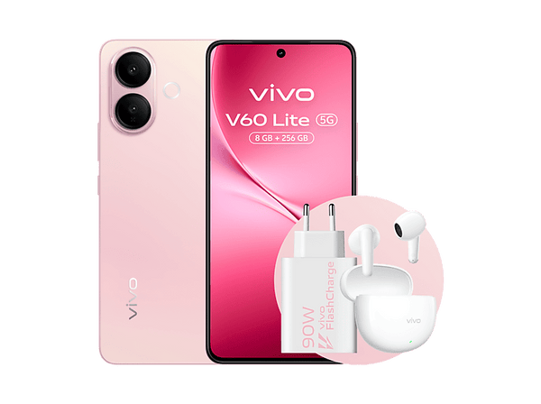 Móvil - vivo V60 Lite, Rosa, 256GB, 8GB RAM, 6.77" AMOLED de120Hz, Dimensity 7360-Turbo, 6500 mAh, Incluye Cargador y Auriculares