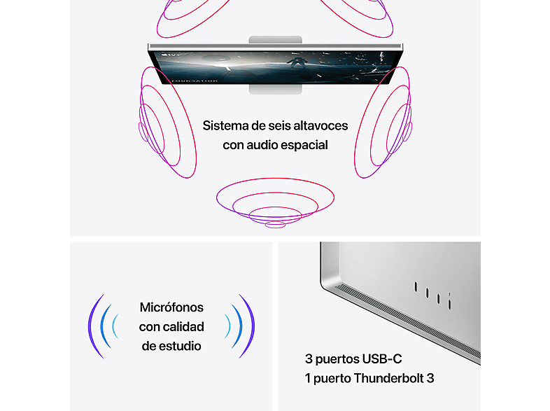 Apple Studio Display, 27 Retina 5K, Vidrio nanotexturizado, Soporte Inclinación Altura Ajustable, 12 Mpx, Gris