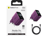 Cargador de pared - Baseus PicoGo AH22,  100W, USB-C, Carga ultrarrápida simultánea, Triple puerto, Pantalla inteligente, Con cable 1m, Dark Cherry