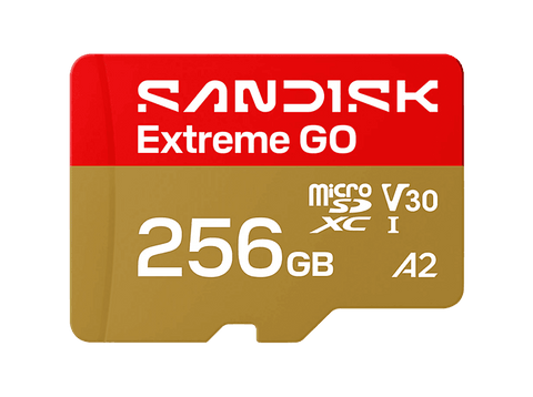 Tarjeta Micro SD - SANDISK Extreme GO, 256 GB, Hasta 240 MB/s de lectura, UHS-I, Vídeos en 5K y 4UHD, U3, V30, A2, C10, Apta Drones, Oro