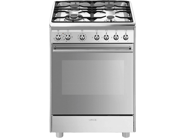 Cocina - Smeg CX68MF8-2, 3000 W, 60cm ancho, 4 Zonas, Acero inoxidable+Horno eléctrico, Gas natural, 70l, Inox