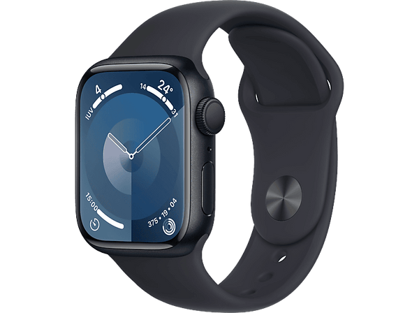 Apple Watch Series 9 (2023), GPS, 41 mm, Gesto de doble toque, Caja de aluminio medianoche, Correa deportiva medianoche, Talla M/L