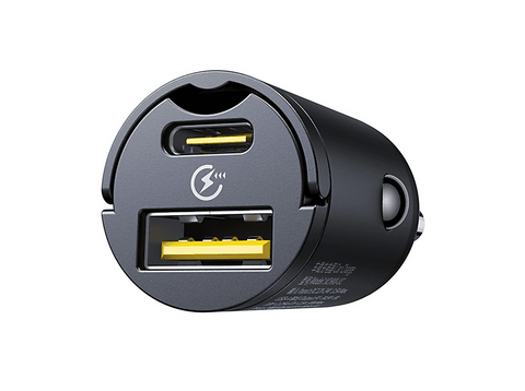 Cargador coche - Baseus Tiny Star Mini, Universal, Tipo-C y USB, 30W, Con cable, Negro Cosmic