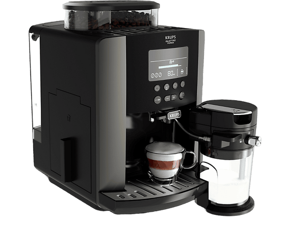 Cafetera superautomática - Krups EA819E Arabica Latte, 2 Tazas, 3 Temperaturas, Depósito Extraíble, Pantalla LCD, Negra