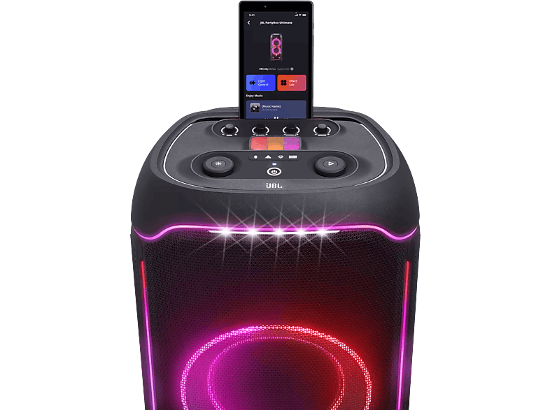 Altavoz de gran potencia - JBL PartyBox Ultimate, 1100W, Espectáculo luces, Bluetooth, WiFi, Asa y ruedas, Negro