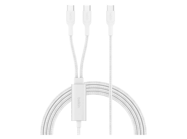 Cable USB - Belkin BoostCharge Pro Cable trenzado USB-C a doble USB-C de 140 W, 1.5 m, Universal, Blanco