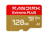Tarjeta Micro SD - SANDISK Extreme PLUS, 128 GB, Hasta 250 MB/s de lectura, 5K y 4K UHD, V30, A2, U3, UHD-I, Adaptador SD, Oro