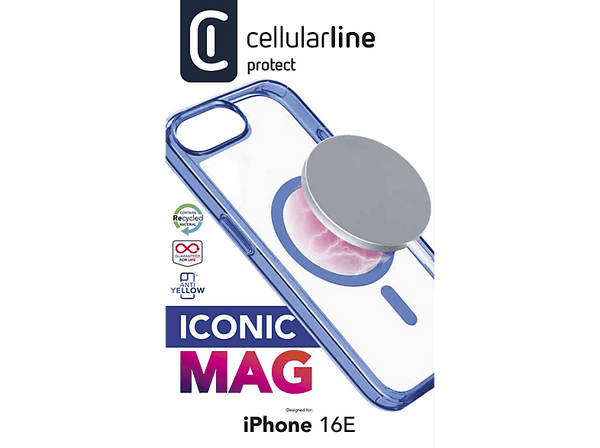Funda móvil - CellularLine ICONIC MAG, Apple, Para iPhone 16e, Compatible con MagSafe, Azul y Transparente