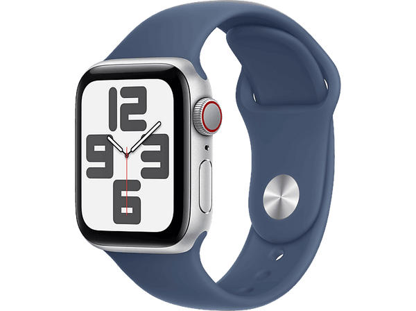 Apple Watch SE (2024), GPS + Cellular, 40 mm, Caja de aluminio Plata, Vidrio delantero Ion-X, Correa deportiva Azul denim, Talla M/L