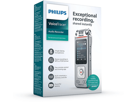 Grabadora de voz - Philips DVT4115, 8 GB, 36h de Grabación, 3 Micrófonos, Plata