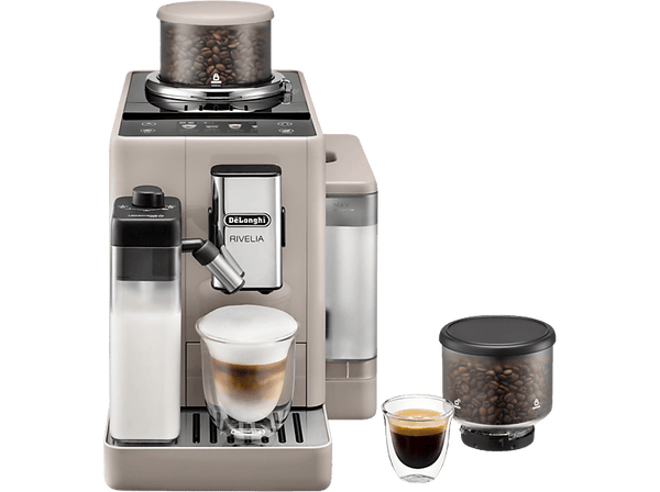 Cafetera superautomática - De'Longhi Rivelia EXAM440.55.BG, Molinillo integrado, LatteCremaHot, Depósito leche, Táctil, 16 recetas, 19bar, 1450W,Beige