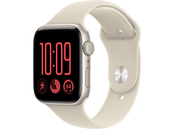 Apple Watch SE 3 (2026), GPS, 44 mm, Caja de aluminio Blanco estrella, Correa deportiva Arena, Talla M/L, Siri AI