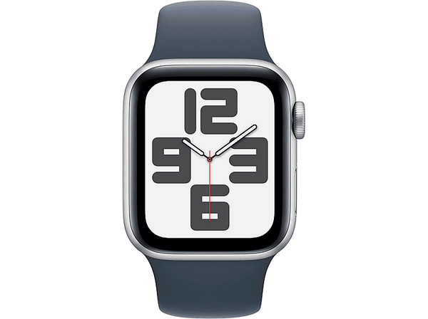 APPLE Watch SE (2023), GPS, 40 mm, Caja de aluminio plata, Talla S/M, Vidrio delantero Ion-X, Correa deportiva azul tempestad
