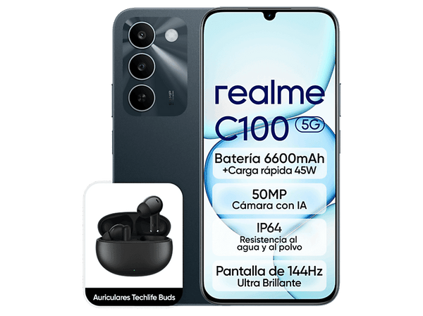 Móvil - realme C100, Sprouting Green, 256GB, 4GB RAM, 6.8" HD+, Dimensity 6300, 6600mAh, Incluye Auriculares realme Techlife Buds