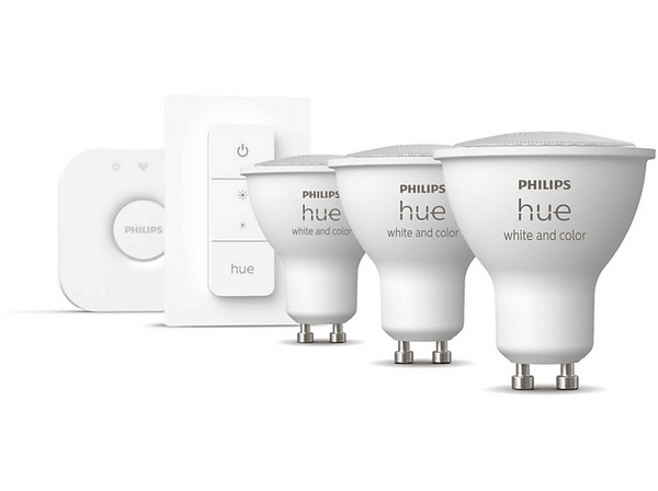 Kit iluminación - Philips Hue Bridge + 3 Bombillas inteligentes GU10 3.5W 350 lm, Luz Blanca y Colores + Regulador