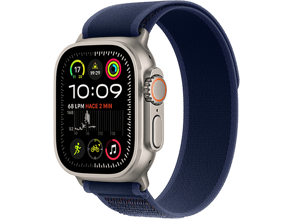 Apple Watch Ultra 2 (2024), GPS + Cellular, 49 mm, Caja de Titanio Natural, Gesto doble toque, Correa Trail Loop de color Azul, Talla S/M