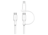 Cable USB - Belkin BoostCharge Pro Cable 2 en 1 con conectores USB-C y Lightning, 1.5 m, Universal, 60W, Nailon trenzado, Blanco