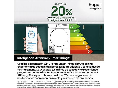 Secadora bomba de calor - Samsung DV90DG52A0AEEC, 9 kg, 14 programas, Hygiene Care, Inteligencia Artificial y SmartThings Clase C, Blanco