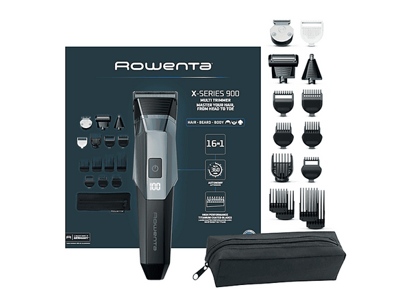 Cortapelos - Rowenta TN9710,  Recortadora Multigroom 16 en 1, Cuchillas con revestimiento de Titanio, 360 min, 7 peines para pelo, Motor 8000 rpm Azul