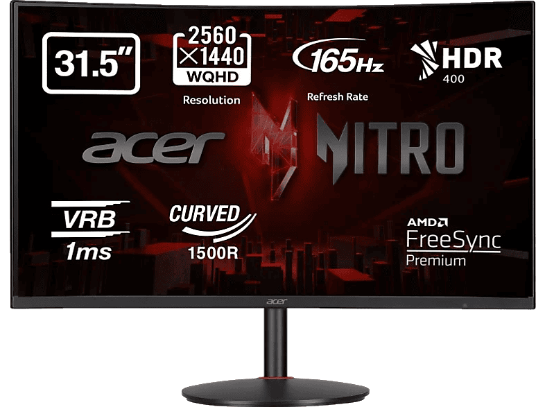 Monitor gaming - Acer Nitro XZ322QUS, 31.5 LED WQHD Curvo, 8 ms, 165 Hz, 2 x HDMI(2.0) + 2 x DP(1.2) + 2 x Altavoces 3W, FreeSync Premium, Negro