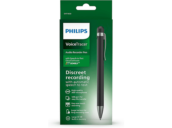 Grabadora de voz - Philips DVT1600, 32 GB, Forma de lápiz, Reconocimiento de voz, Negro