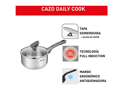 Cazo - Tefal Daily Cook G7122, 1.5 l, 16 cm, Acero Inoxidable, Tapa erguida, Mangos ergonómicos antiquemaduras, Apto lavavajillas
