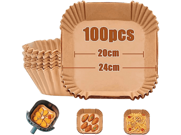 Accesorio freidora - Koenic KSA-0004, Papel Airfryer, Cuadrado, 20 cm, Papel 100 % natural, 100 piezas, Marrón