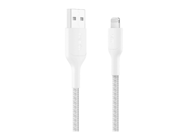 Cable USB-C a Lightning - Belkin CAA020, 1 m, Compatible con iPhone, USB-A con conector Lightning, Trenzado, Blanco