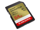 Tarjeta SD - SANDISK Extreme Plus, 64 GB, Vídeo 4k UHD, Hasta 170 MB/s lectura, U3, V30, C10, UHS-I, Oro