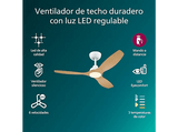 Ventilador de techo - Philips Olas 32 W + 24 W, LED, 3 Velocidades, Blanco/Madera