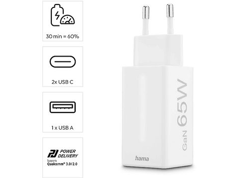 Cargador - Hama 00201996, Universal, 2xUSB-C+ 1xUSB-A, 65W, 220V, Enchufe Europeo, Blanco