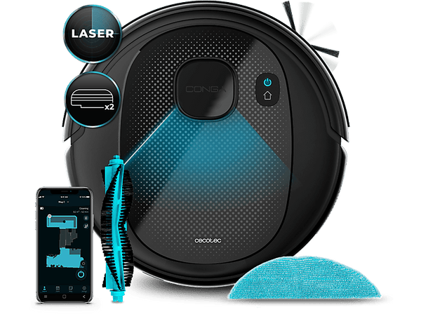 Robot friegasuelos - Cecotec Conga 7490 Eternal X-Treme, Láser, 4en1, 3000 Pa, 320 ml, 110 min, 8 modos, Wi-Fi, Alexa, Negro