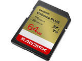 Tarjeta SD - SANDISK Extreme Plus, 64 GB, Vídeo 4k UHD, Hasta 170 MB/s lectura, U3, V30, C10, UHS-I, Oro
