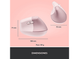Ratón inalámbrico - Logitech Lift Vertical, Ergonómico, 4000 ppp, Botones personalizables, Multidispositivo, Windows-Mac, USB Logi Bolt, Rosa
