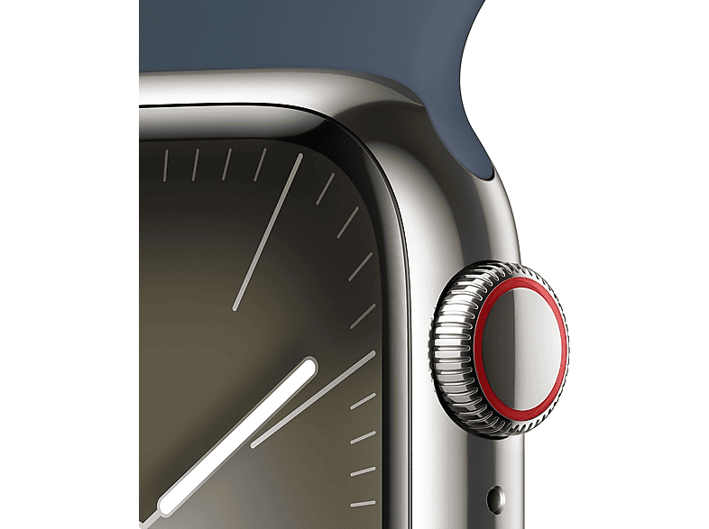 Apple Watch Series 9 (2023), GPS+CELL, 41 mm, Gesto de doble toque, Caja de acero inoxidable plata, Correa deportiva azul tempestad, Talla S/M